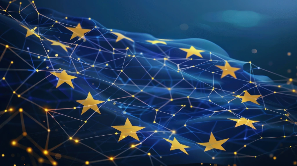 A blue flag of the European Union made up of geometric shapes and lines with yellow stars on it, with a background in shades of dark blue, depicting digital network connections
