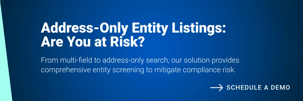 Banner depicting comprehensive entity screening solutions provided by Descartes to mitigate compliance risk