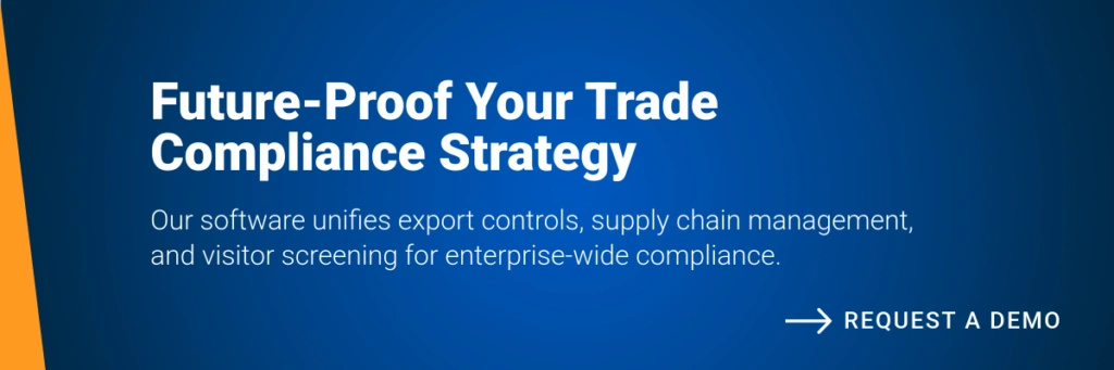Banner depicting enterprise-wide compliance solution unifying export controls, supply chain management and visitor screening.