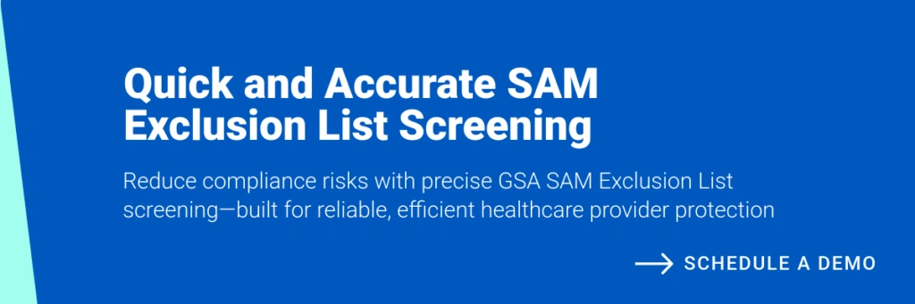 Banner depicting reduction in compliance risks associated with GSA SAM exclusion list screening  for healthcare providers.